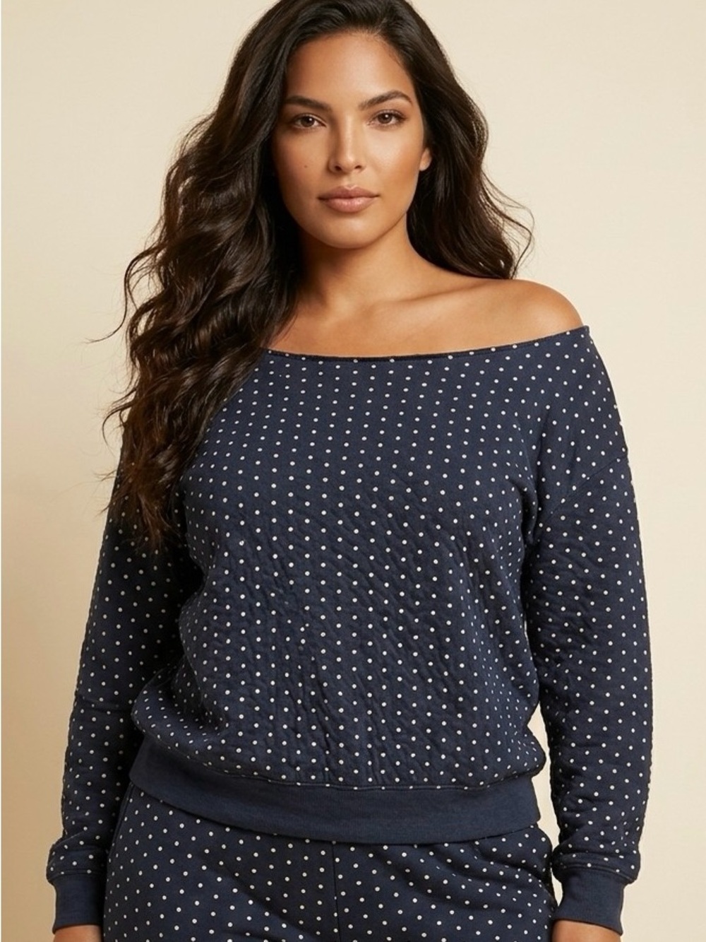 Wild Fable Navy Blue & White Polka Dot Off-The-Shoulder Fleece Sweatshirt